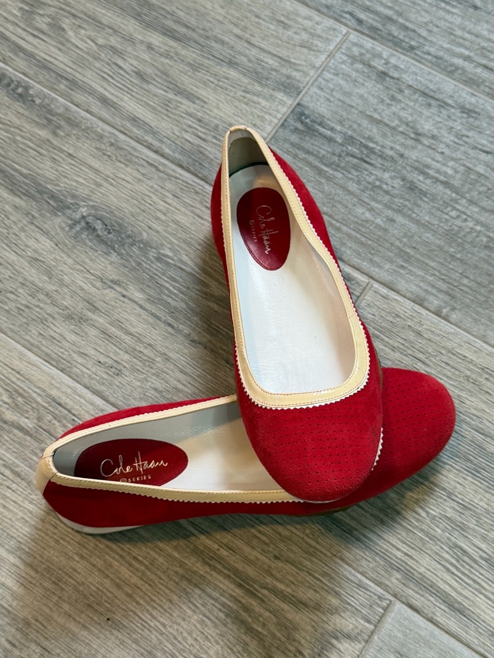 Cole Haan red perforated suede flats with white patent leather trim 7.5 B